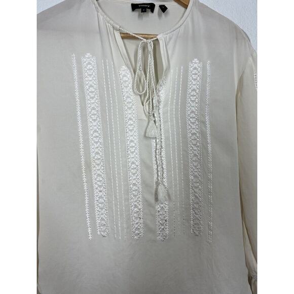 Theory Silk Embroidered Blouse Size P US 0-2 Ivory Silk Tassels - Picture 5 of 7